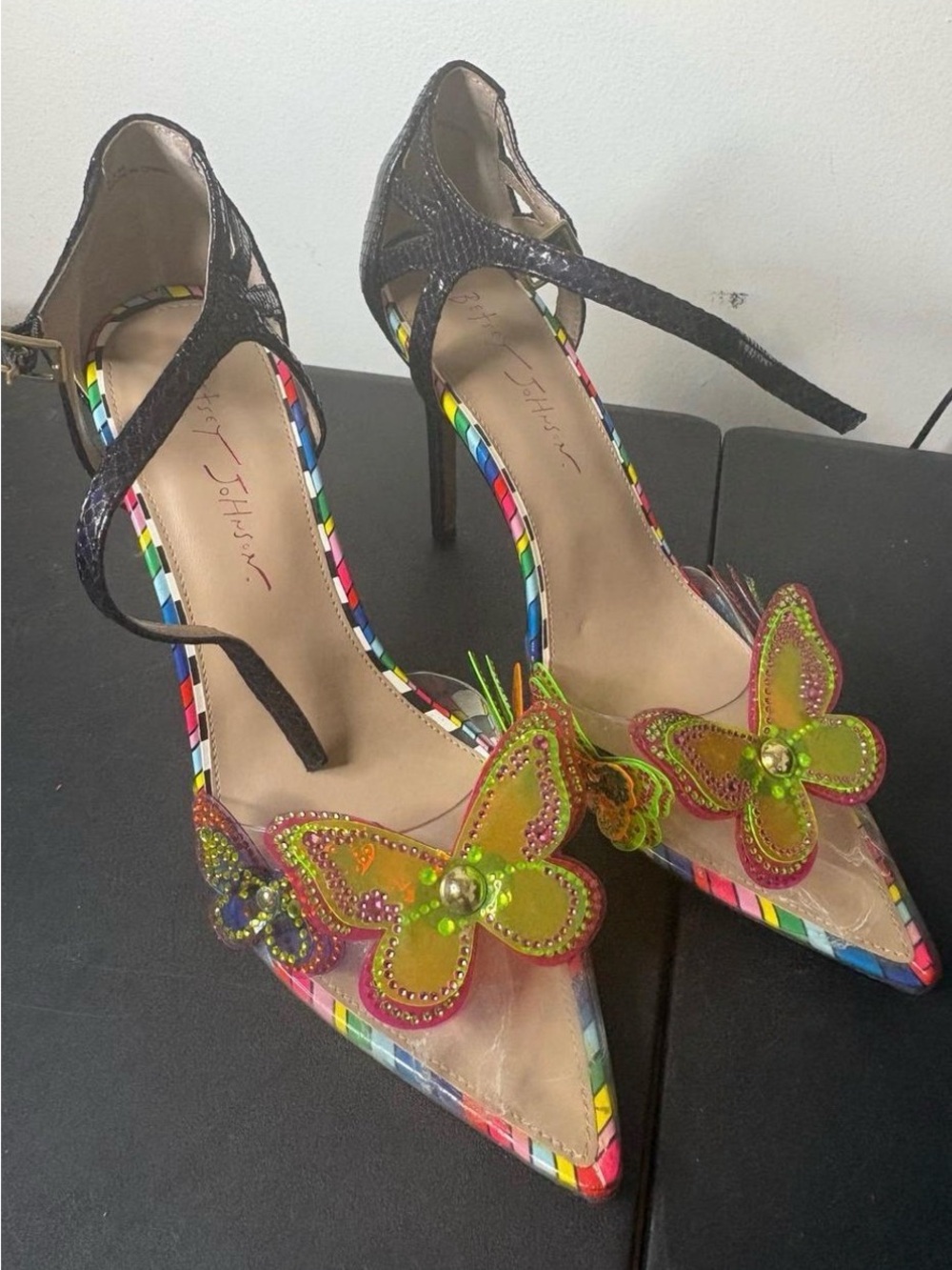 Betsey Johnson Black Strappy Heels with Neon Green Butterfly Accents